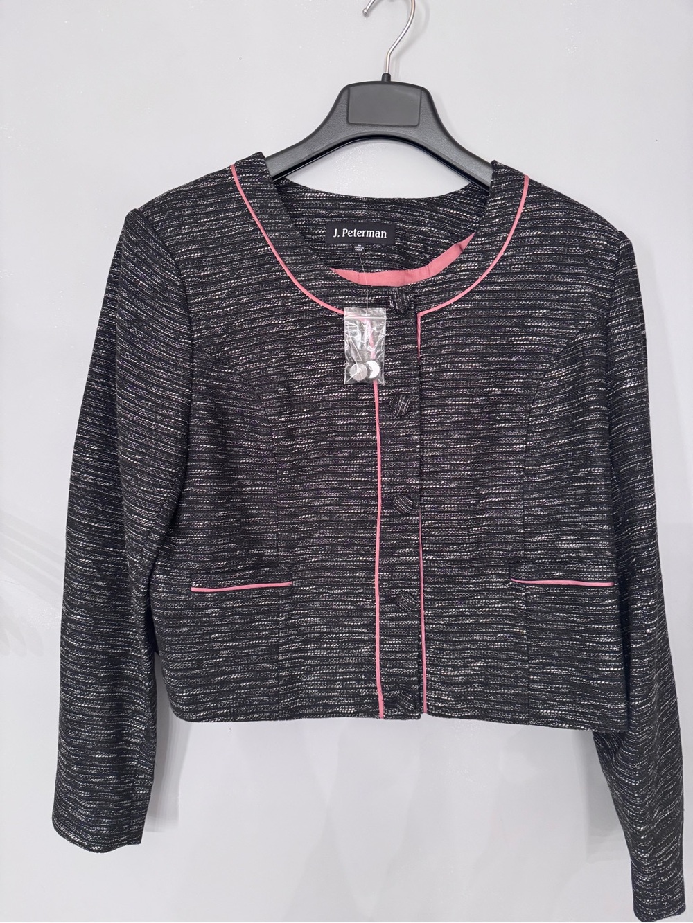 J. Peterman Black Tweed Cropped Jacket with Pink Trim